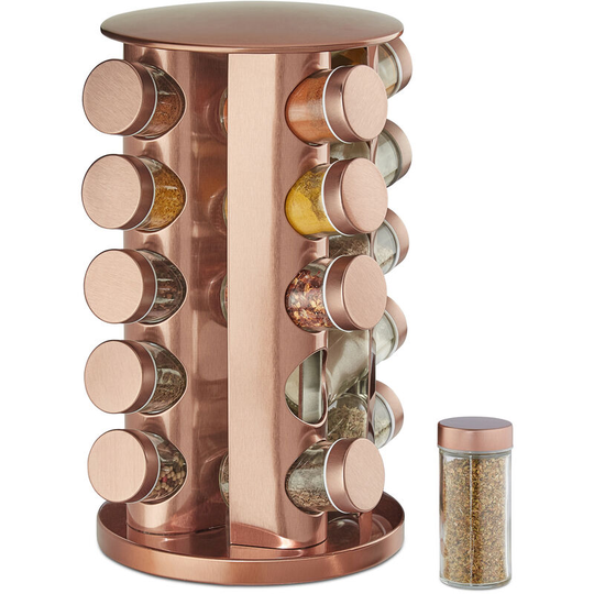 Spice Rack, 20 Glass Jars, Rotatable, Stainless Steel, h x d: approx. 34 x 22 cm, Copper - Relaxdays
