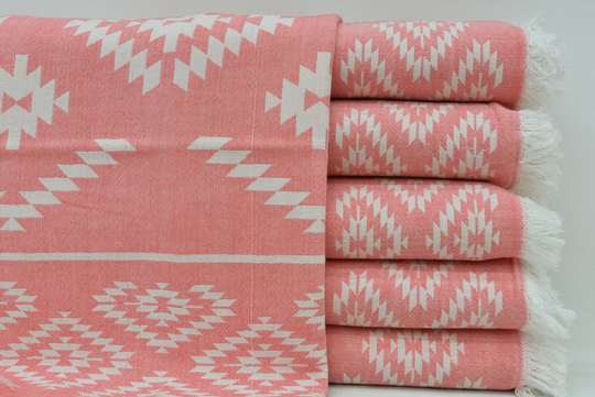 Tea Towel, Organic Hand Turkish Wedding Gift Aztec Design Vermilion 20x40 Inches U-204