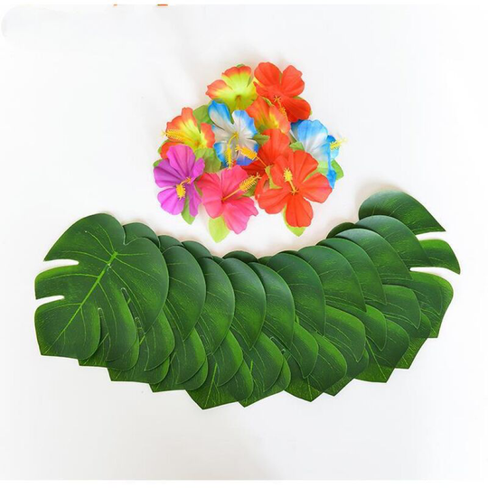 Tropical Party Decoration Supplies Tropical Palmtera Leaf Leaves and Hibiscus Flowers, Simulation Leaf for Hawaiian Luau Party Jungle Beach Theme