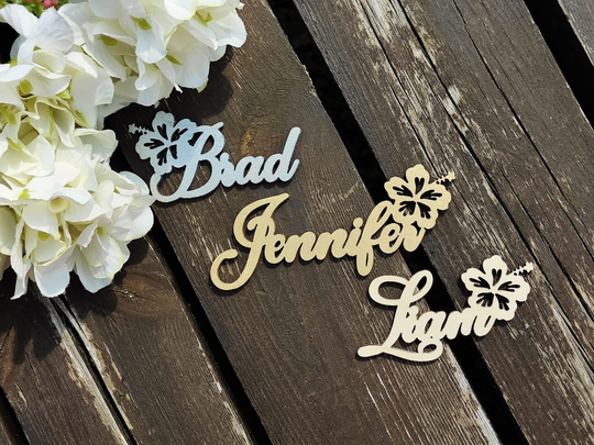 Tropical Hawaiian Place Card Name - Hibiscus Flower Wood Personalized Party Decorations Hawaii -Wedding Bridal Favors