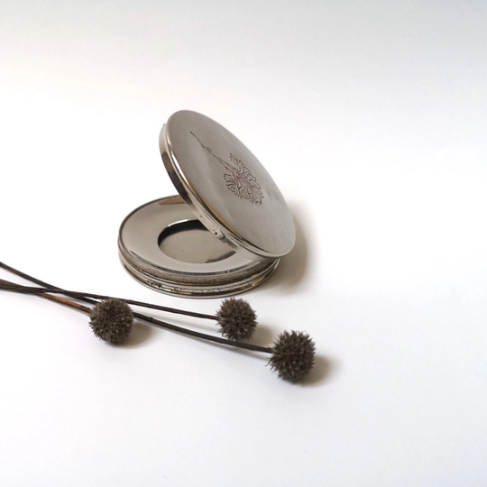 Vintage Grenoville Powder Compact Metal Mirror Refillable Case Silver Engraved Paris Carnation Flower Made in France Makeup Cosmetics