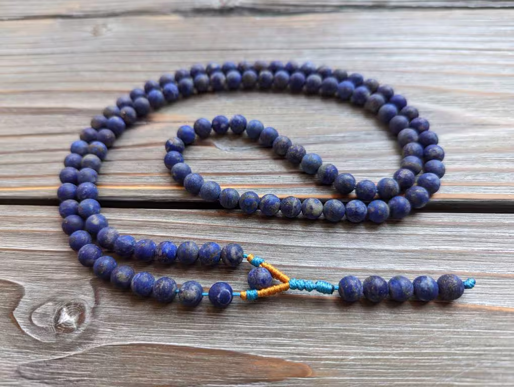 Natural Arfgan Matte Lapis Lazuli Buddhist Buddha Medicine Prayer Mala Rosary 108 Meditation Beads Necklace