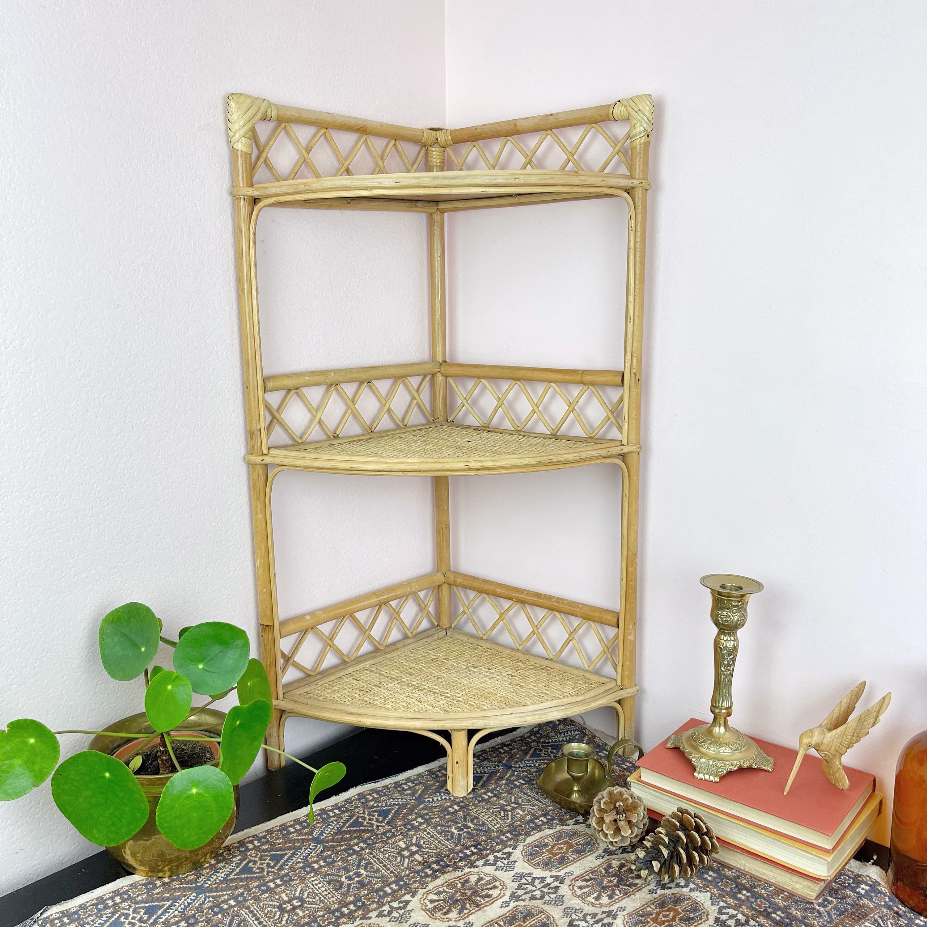 Bohemian Bamboo & Wicker Corner Shelf Unit/Boho Home 80S Vintage Bathroom Storage Plant Holder