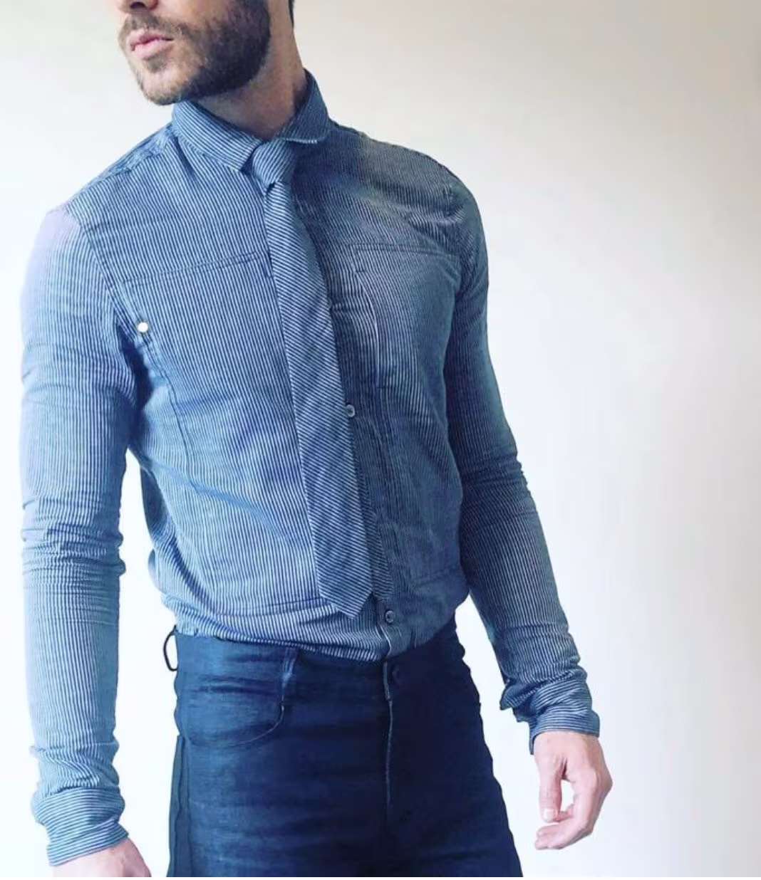 Mens Organic Shirt, Navy Stripe Cotton Long Sleeve Button Down Up Dress Shirt