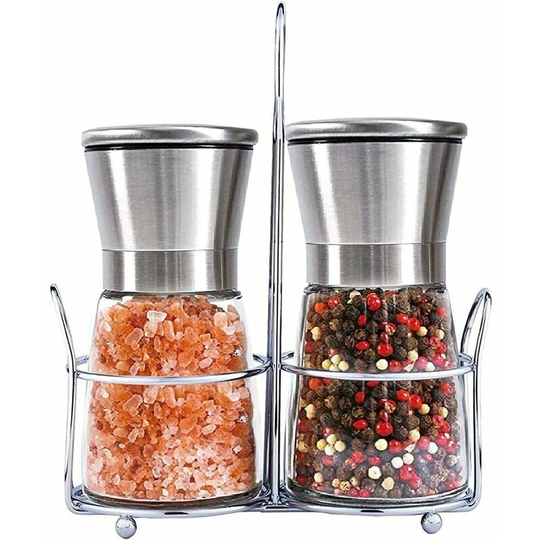 Bearsu - Pepper and Salt Grinder, Pepper & Salt Shaker Set, Brushed Stainless Steel and Glass Grinders, Adjustable Ceramic Grinder, Transparent,