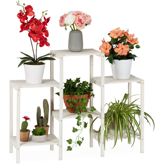 Relaxdays Wooden Flower Rack, Decorative Ladder Shelf for Plants, Indoor Use, Standing, 70 x 89 x 26.5 cm, White
