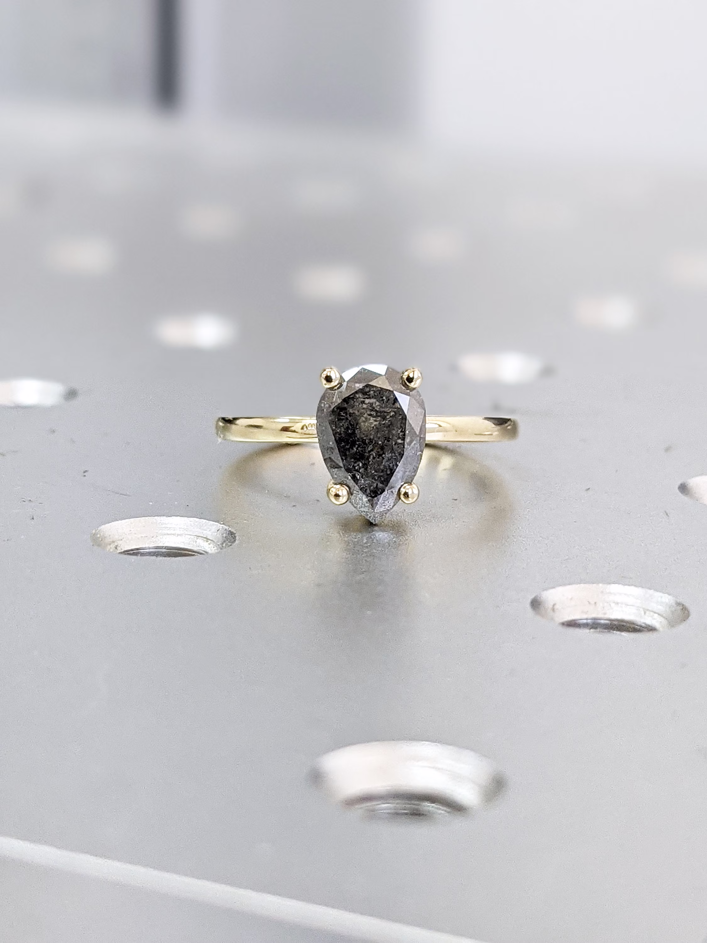 1920's Raw Salt & Pepper Diamond, Rose Cut Pear Diamond Ring, Unique Engagement, Black, Gray Pear, 14K Yellow, Rose, Or White Gold