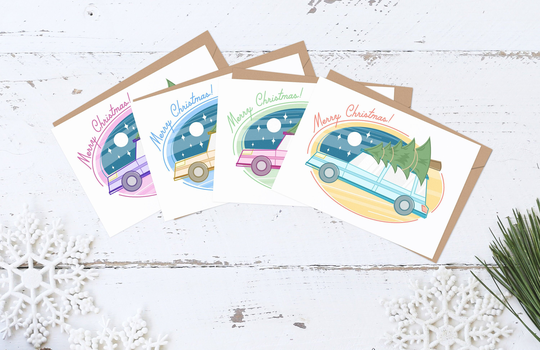 Retro Christmas Tree With Car Card Set Of 8. On Driving Home For Christmas. Pink, Blue, Yellow, Green Seasons Greetings