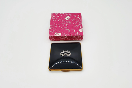 Kigu Vintage Powder Compact, Square Black Enamel With Marcasite Bow, Gold Cosmetic Case Raised 1950S Pressed