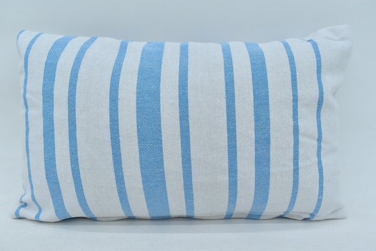 Lumbar Pillow, Turkish Organic Cushion, Soft Cotton Blue Striped Both Sided 12x20 Inches Mn30x50-284