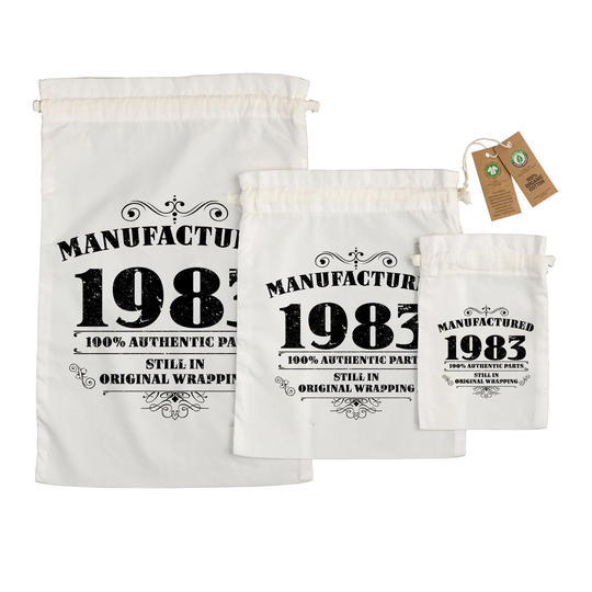 40Th Birthday Gift Bags - Large Medium Small Eco Friendly 100% Organic Cotton Drawstring Presents Bag For Him Her Manufactured 1983