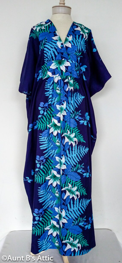 Vintage Hawaiian Royal Palm Kaftan Dress Blue/White Hibiscus Print Resort Wear Small