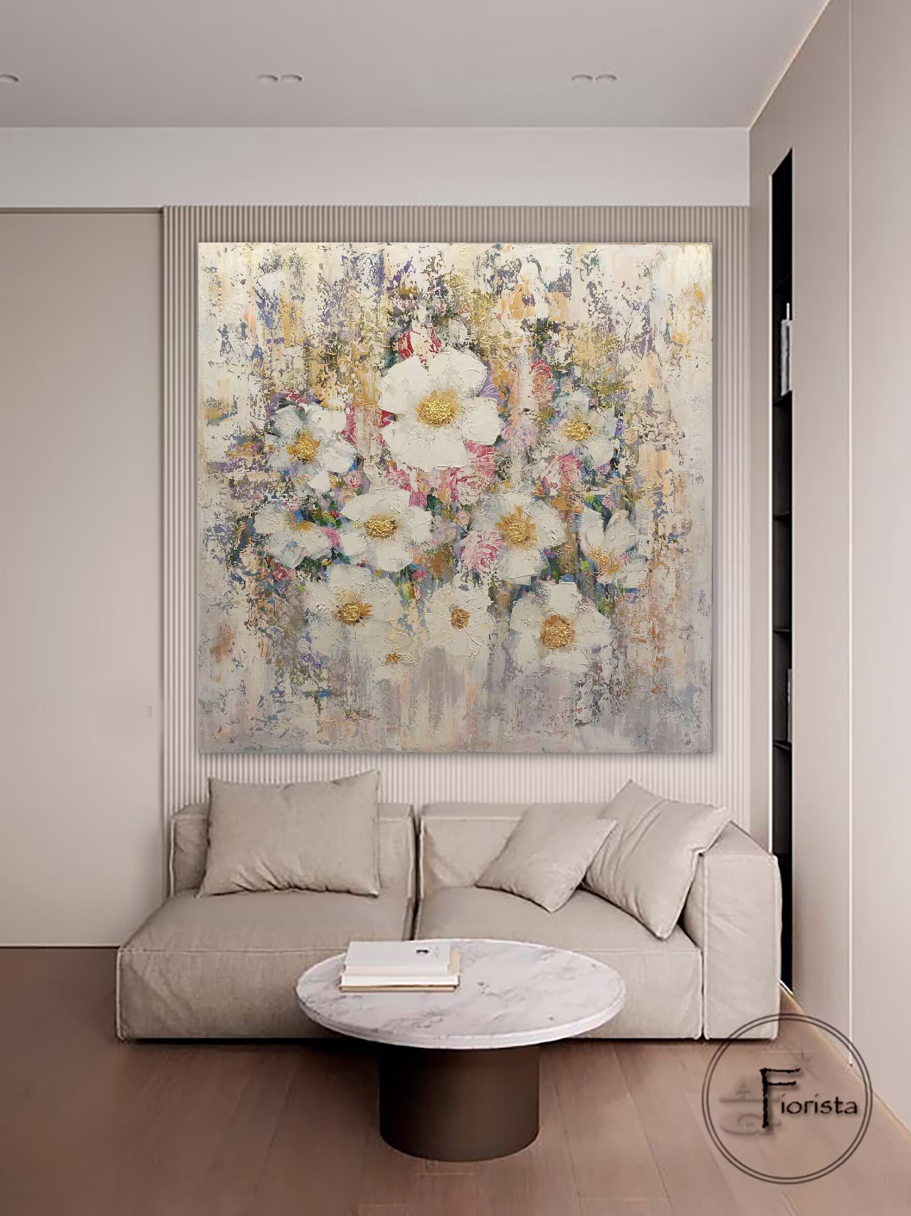White Abstract Flowers Large Painting On The Living Room Wall Art 3D Original Interior Delicate Textured Loft