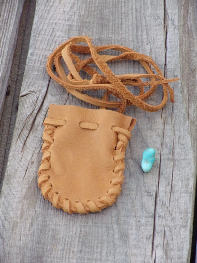 Small Hand Stitched Medicine Bag , Leather Neck Crystal Necklace Pouch