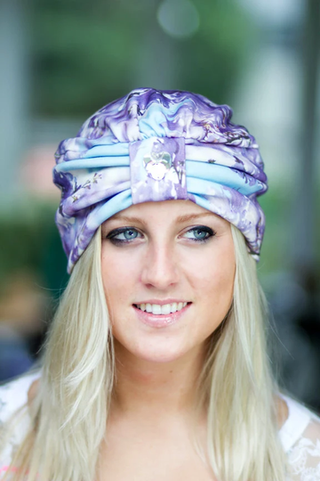 Turban Hat - Women's Organic Cotton Headwrap Jacaranda Floral Print Hair Wrap in Lavender & Aqua Wearable Art
