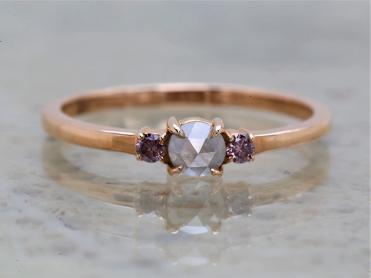 Salt & Pepper Diamond Ring, Pink Round Rose Cut Engagement 14K Gold Wedding Ring