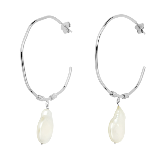 Large Baroque Pearl Hoop Earrings - Organic Recycled Silver Statement Hoops- Ethical Fair Trade Artisan Crafted Eco