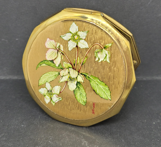 stratton Powder Compact 10-Sided Hellebore Christmas Rose 1960S