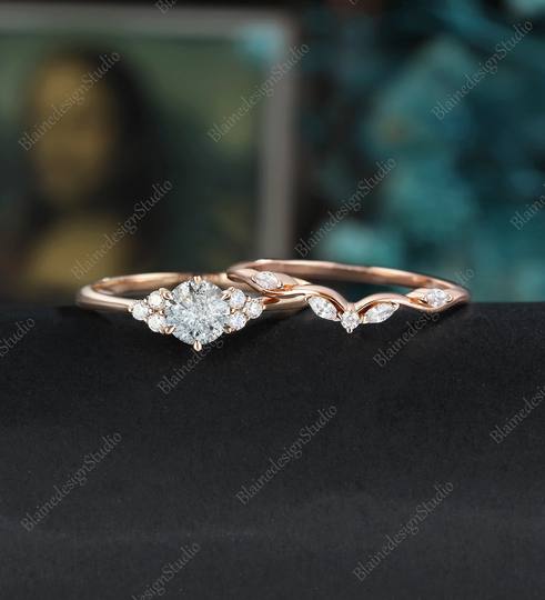 Vintage Salt & Pepper Moissanite Engagement Ring Set, Cluster Ring, Solid Rose Gold Art Deco Seven Stone Ring, Round Diamond Anniversary Gift