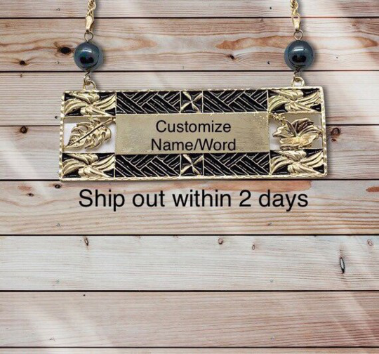 Hawaiian Customize Name Plate Necklace Hibiscus & Monstera Leaf Jewelry Personalized With Shell Pearl Rope Chain Hamilton