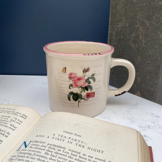 2 Large Cream Ceramic Floral Mugs Pink Mug Planters, Shabby Chic Set