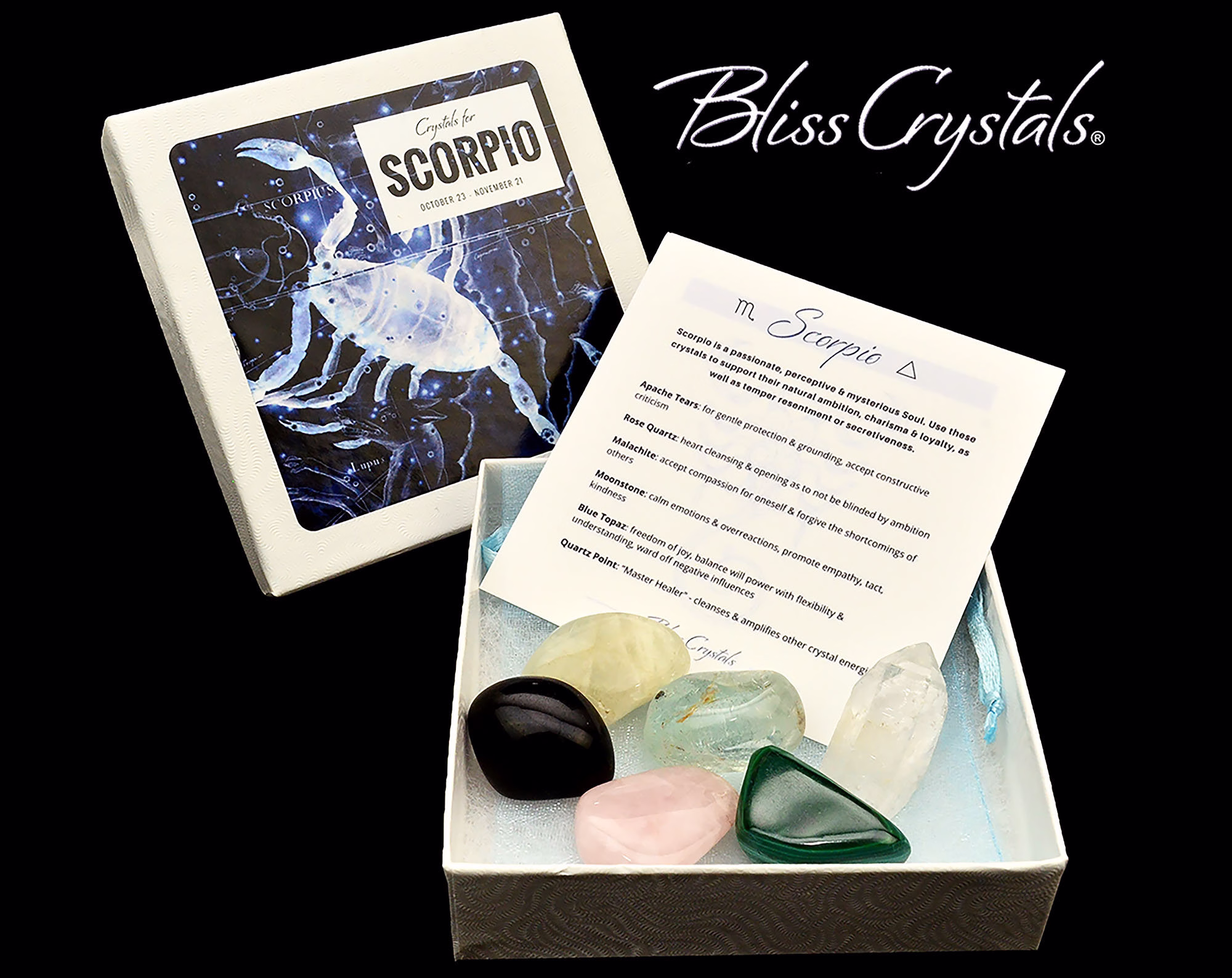 Scorpio Zodiac Set Of 6 Crystals + Gift Box, Bag & Info Card, Birth Sign #zk31