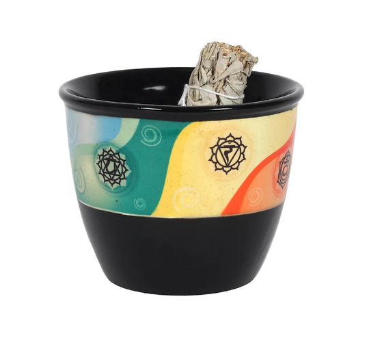 Black Ceramic Smudge Bowl Chakra Design