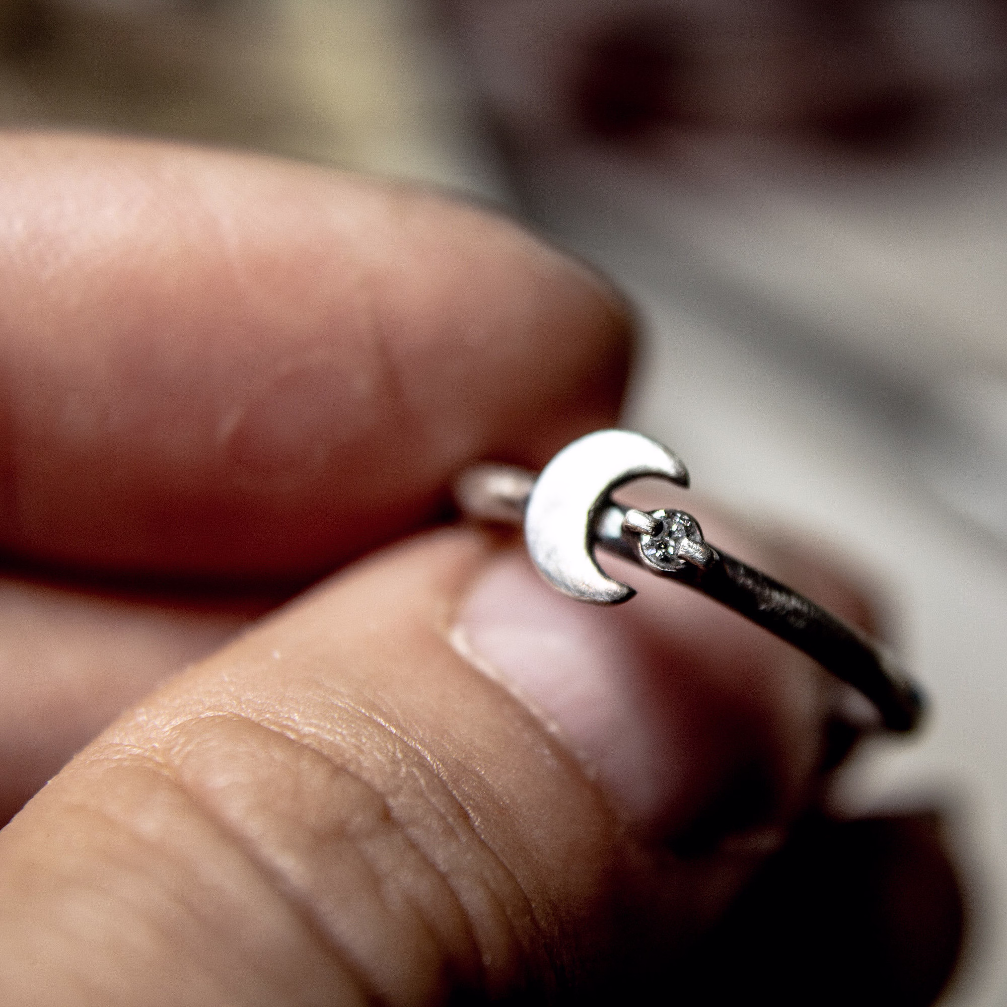 Crescent Moon Sterling Silver Salt & Pepper Diamond Ring - Celestial Stacking Jewellery, Alternative Engagment