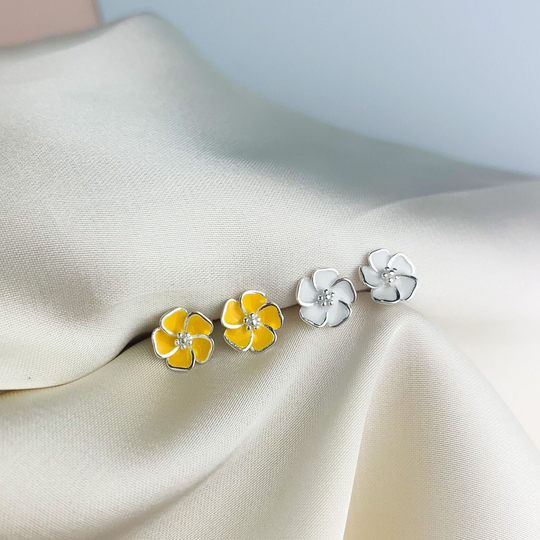 White & Yellow Flower Earrings, Sterling Silver Small Studs, 3D Details, Cute Pretty Design, Delicate Minimalist Style, Gifts For Her