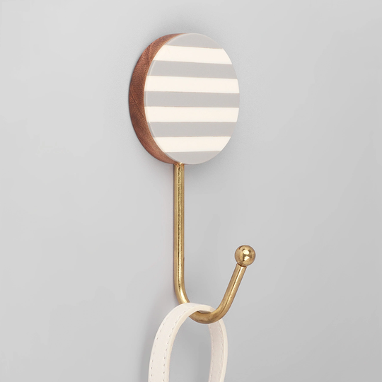 G Decor White Grey Striped Large Circle Disk Wood & Resin Brass Geometric Wall Organizer Coat Hook
