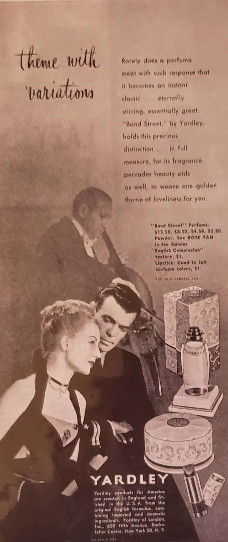 1945 Yardley Bond Street Perfume Fragrance Powder Cosmetics Lipstick England English Beauty Vintage Print Ad