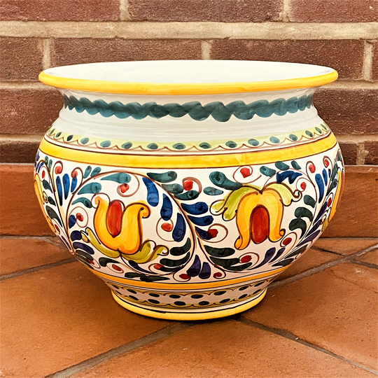 Round Ceramic Planter - Handmade in Italy & Decorated By Hand, Floral Pattern, For Houseplants, Ø 34 H 25.5cm