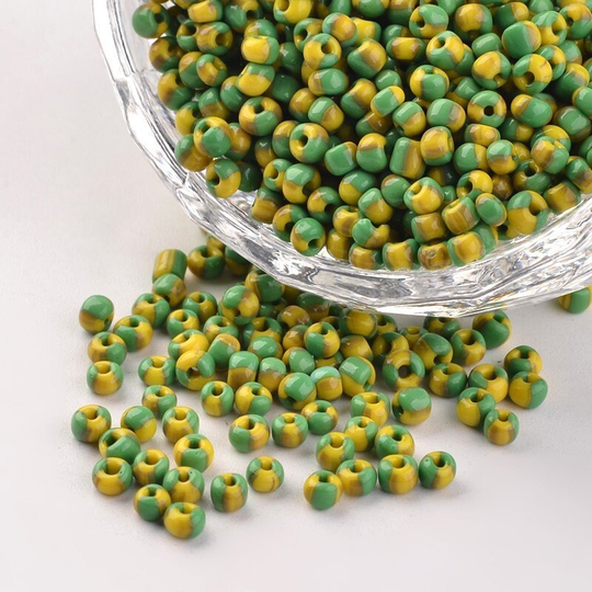 Green & Yellow Striped Seed Beads, 40 Grams, Size 8/0 Glass Seep Beads 2.5~3x2~3mm, Sb0243