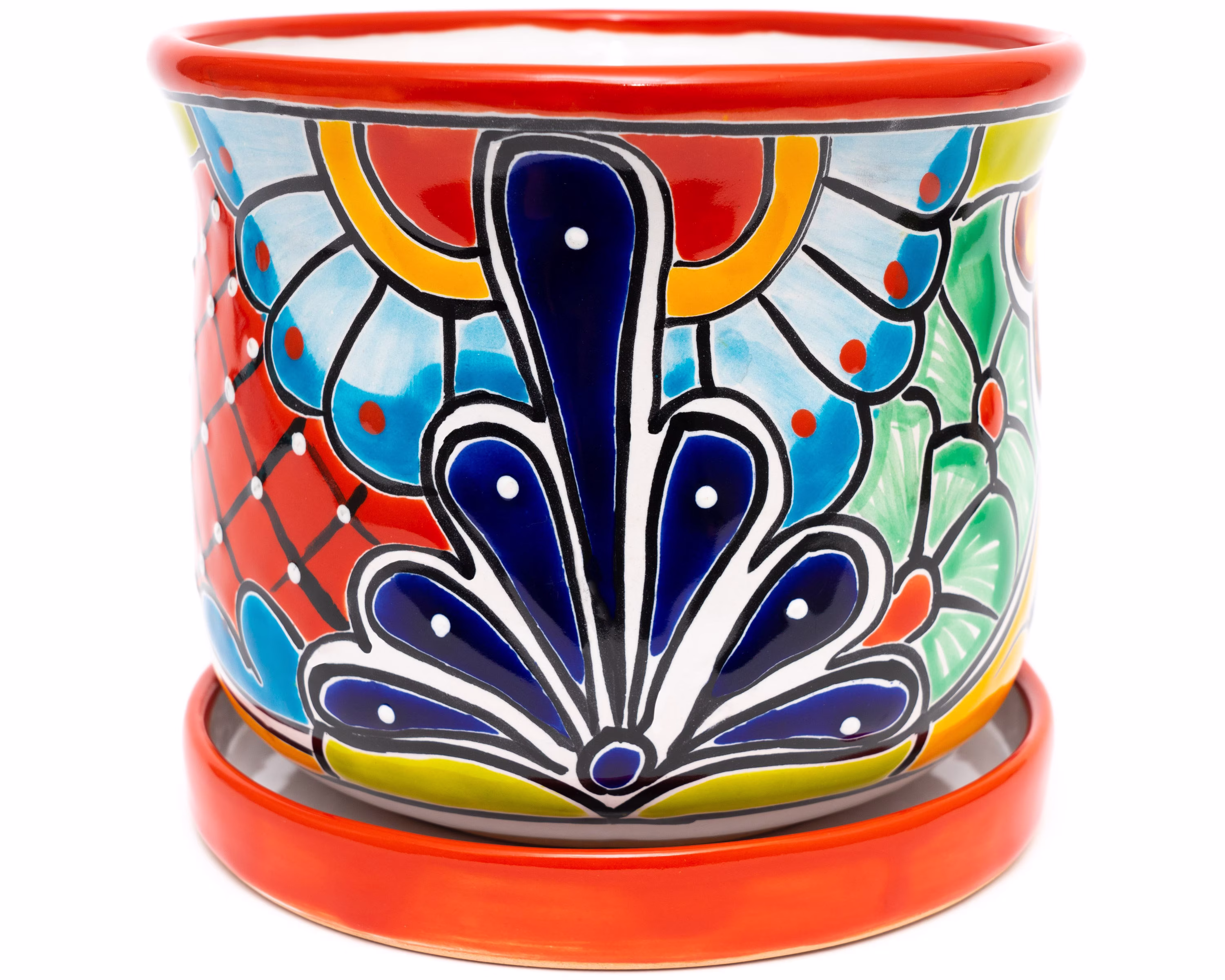 Talavera Mexican Pottery Ceramic Flower Pot & Matching Saucer Set Spanish Style Gift Decor Succulent Planter Large Red