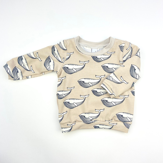 Organic Biscuit Whale Long Sleeve Baby T-Shirt. Stone Print Tee Shirt. Unisex Sweater Style Top For
