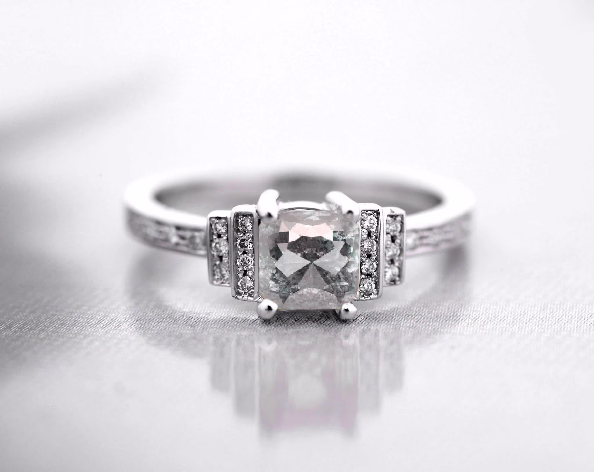 Cushion Cut Salt & Pepper Diamond 1.5mm Round Engagement Ring | Wedding Customize Bridal Promise