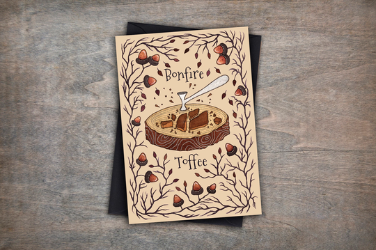 Bonfire Toffee Greetings Card & Envelope - Seasonal Cosy Night Halloween Autumn Fall Acorn Leaf Foods