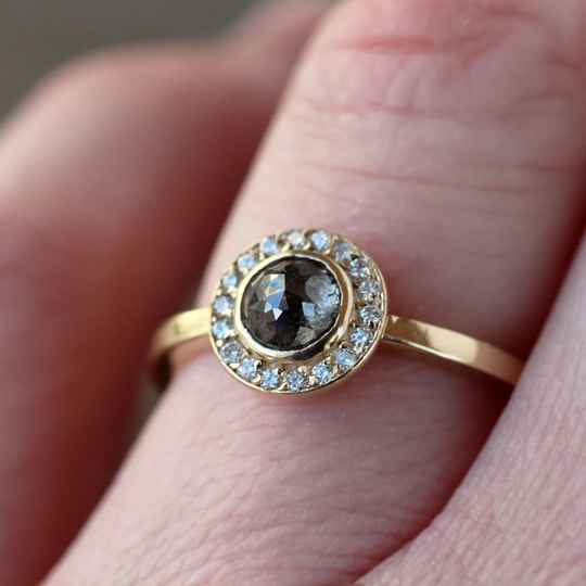 Rose Cut Diamond Halo Ring, Salt & Pepper Solid 14K Gold Band, White