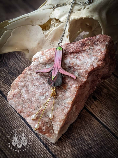Fuchsia Necklace | Wood & Silver Plate Eco-Friendly Cottagecore Familiar Spirit Devotional Jewellery For Witches, Pagans & Cunningfolk