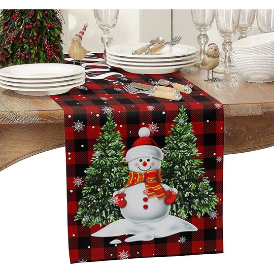 Deckon - Christmas Table Runner Merry Christmas Cute Snowman With Christmas Tree Dresser Scarf Holiday Season Red And Black Buffalo Plaid Table