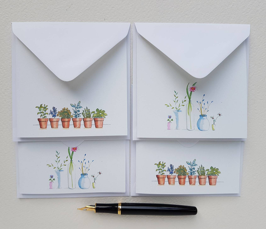 Pretty Plant Notelets, Pot Design Sets Of Mini Cards With Envelopes