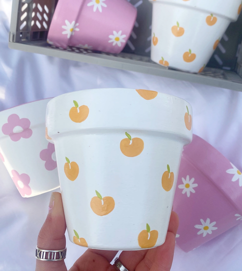 Hand Painted White Peach Design Indoor Plant Pot, Terracotta Planter, Flower Pot
