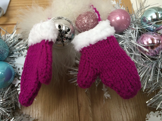 Christmas Tree Decorations - Hand Knitted Colourful Mittens Seasonal 7 Pairs Hanging Miniature Mittens- Assorted Colours