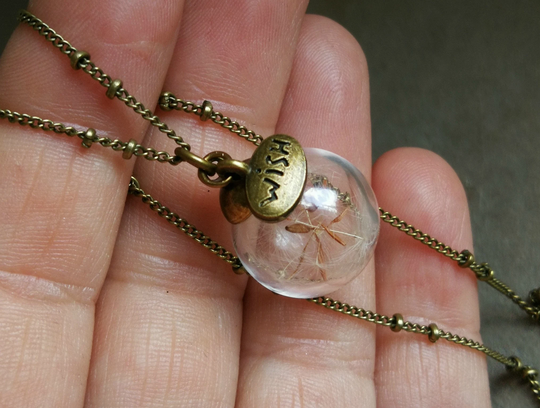 Dandelion Necklace. Real Seeds Wish Romantic Vintage Antique Brass Jewelry. Gift Idea