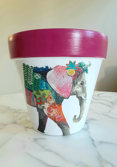 Elephant Clay Pot-8 Inch, Terracotta Pot, Decoupage Planter, Indoor Decor