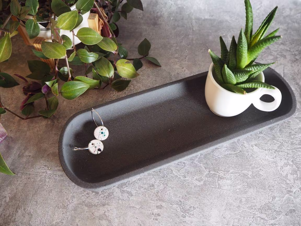 Long, Tray, Stone, Black, Charcoal, Ecoresin, Candle, Trinket, Decorative, Display, Oval, Bedroom, Minimalist, Scandi, Home, Garden, Plants