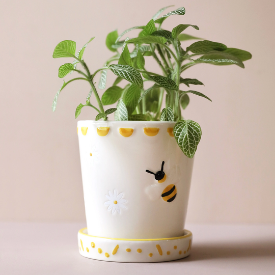 Small Bee Ceramic Planter & Tray, H11cm Boho Interior, Unique Decor, Plant Pot, Animal Bumblebees, Insects Lisa Angel