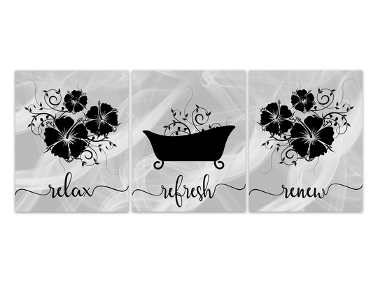 Black & Gray Mist Bathroom Decor, Relax Refresh Renew Clawfoot Tub Art, Hibiscus Bathroom, Wall Art - Bath480