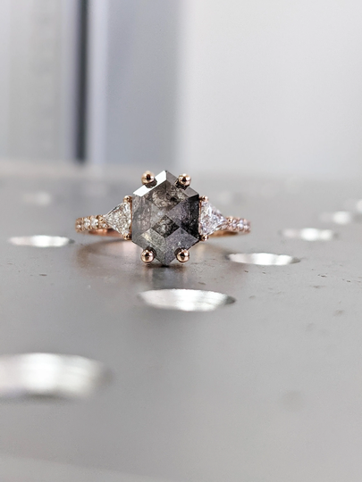 Raw Diamond Hexagon Triangle Diamond, Salt & Pepper, Unique Engagement Ring, Rose Cut Geometric 14K Gold, Custom Handmade