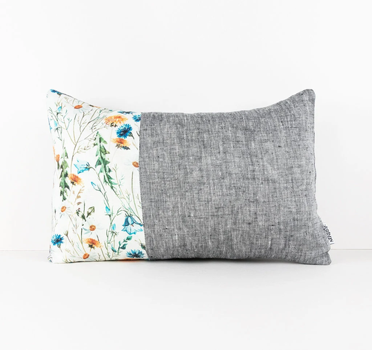 Organic Linen Pillow Cover. Grey & Floral Hypoallergenic Cushion Natural Lumbar Nursery Pillowcase. Durable Throw Sham